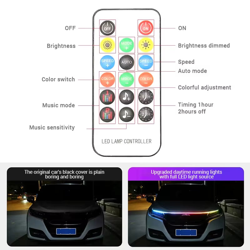 12V Led Car Hood Lights Flexible Headlight Strip Multicolor Atmosphere Lamps DRL Daytime Running Lights Car Decoration