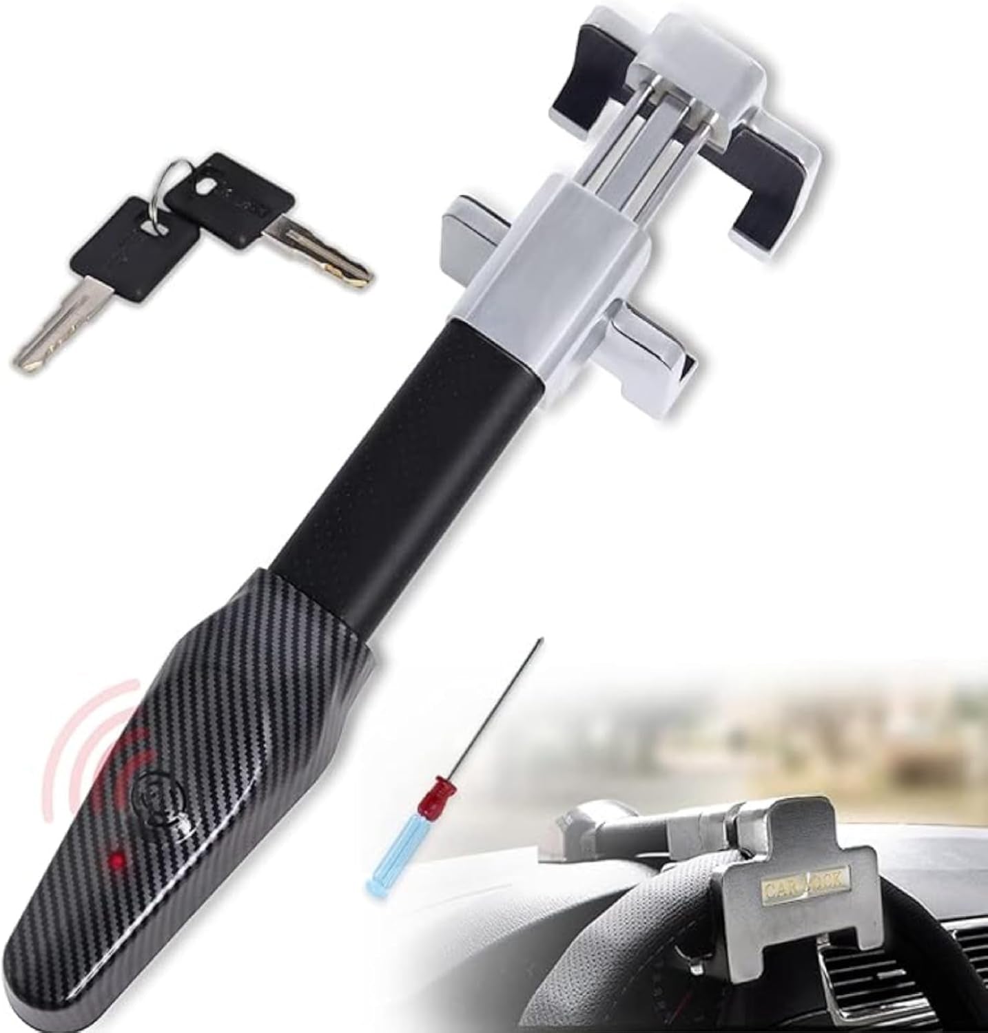 Steering Wheel Lock with Alarm and Light, Car Security Products Anti-Theft Device, Heavy Duty Car Theft Prevention Lock Bar for Car SUV Black + Silver